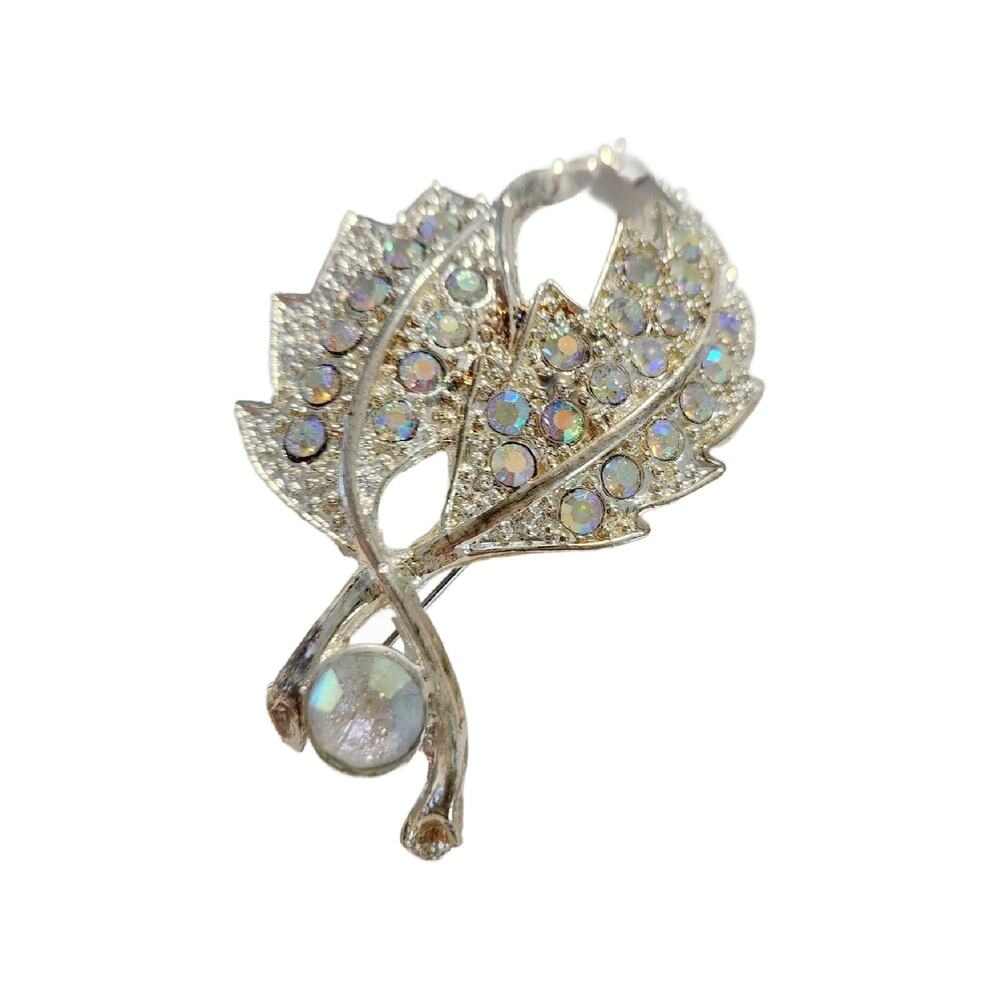 Vintage Aurora Borealis Crystal Leaf Brooch, 3.5" Long